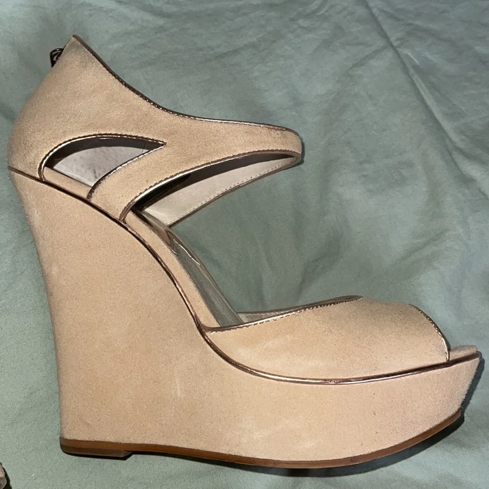 Michael Kors Nude Tan Suede Wedge Sandals - Picture 2 of 5